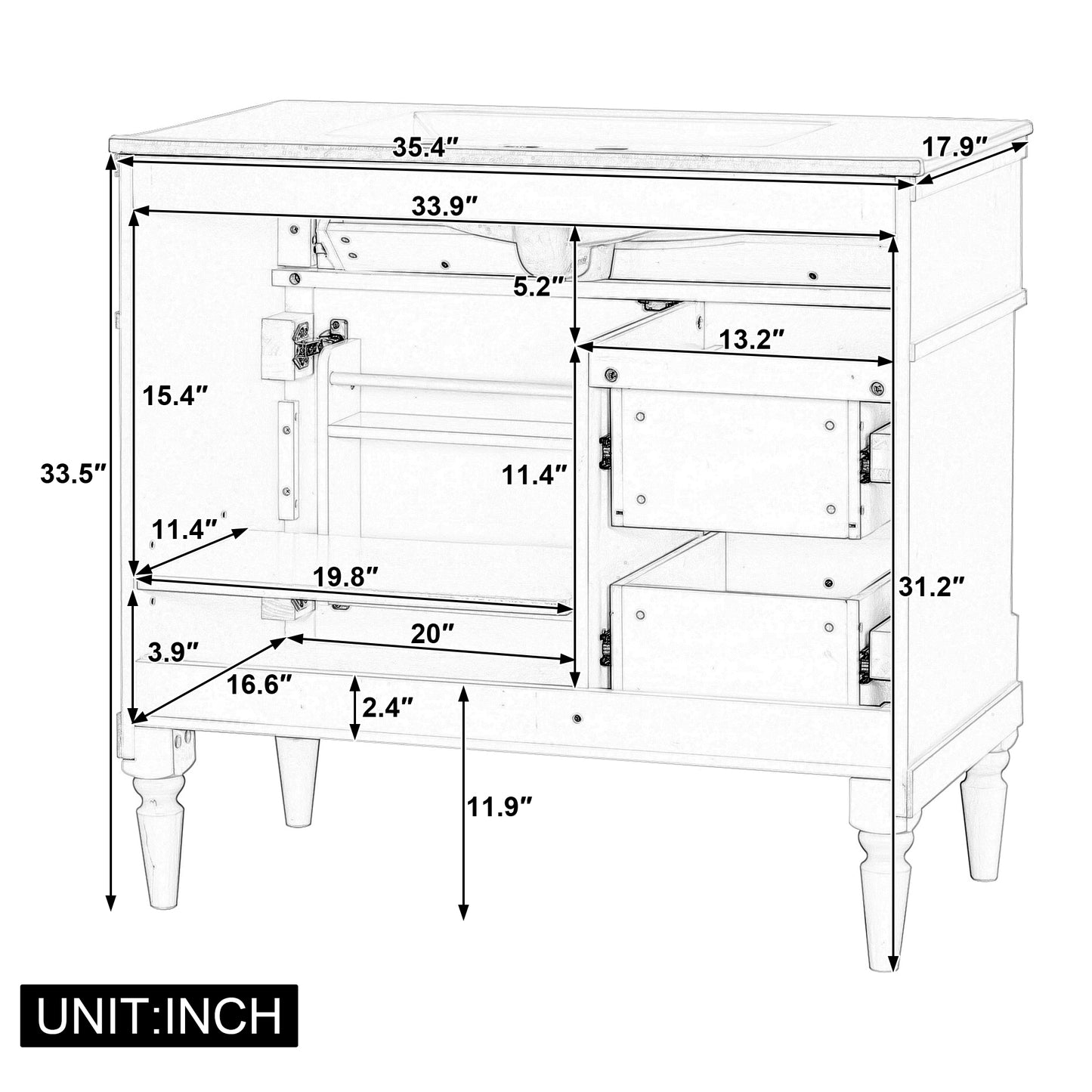 VanityFus 36-in Black Bathroom Vanity Single Sink Combo Ceramic Top 1 door 3 drawers Undermount Adjustable Shelves