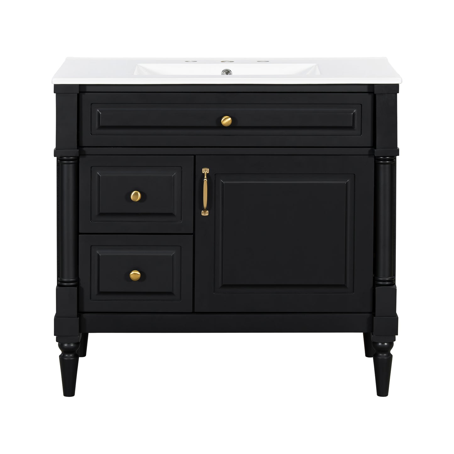 VanityFus 36-in Black Bathroom Vanity Single Sink Combo Ceramic Top 1 door 3 drawers Undermount Adjustable Shelves