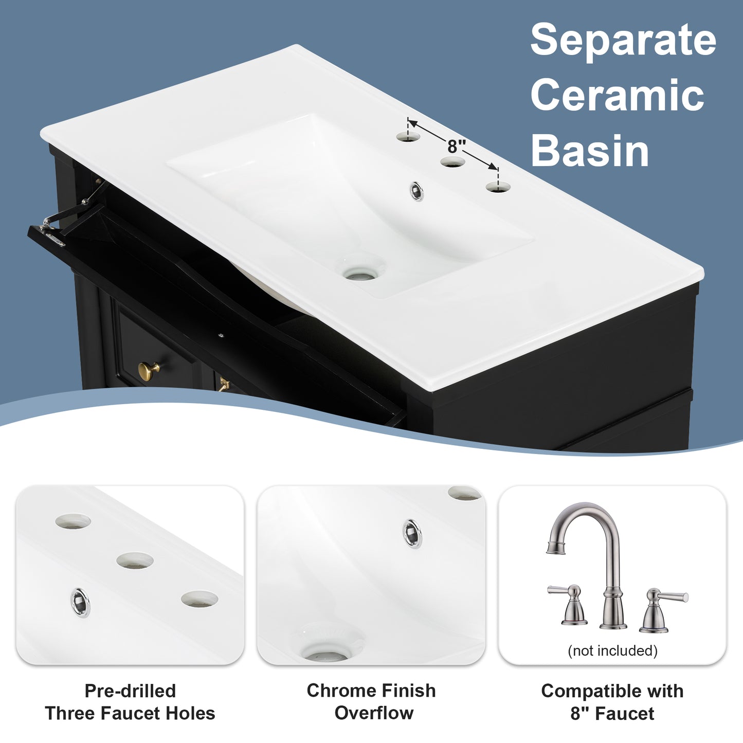 VanityFus 36-in Black Bathroom Vanity Single Sink Combo Ceramic Top 1 door 3 drawers Undermount Adjustable Shelves