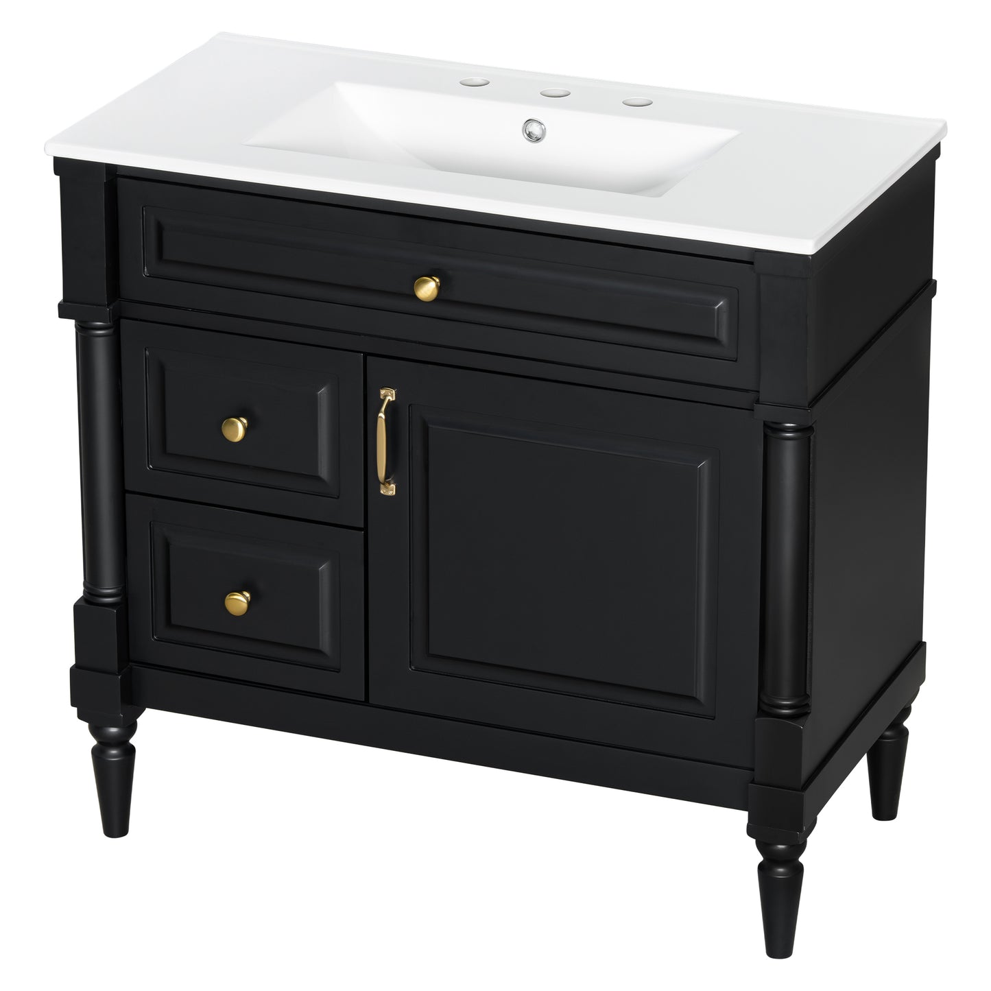 VanityFus 36-in Black Bathroom Vanity Single Sink Combo Ceramic Top 1 door 3 drawers Undermount Adjustable Shelves