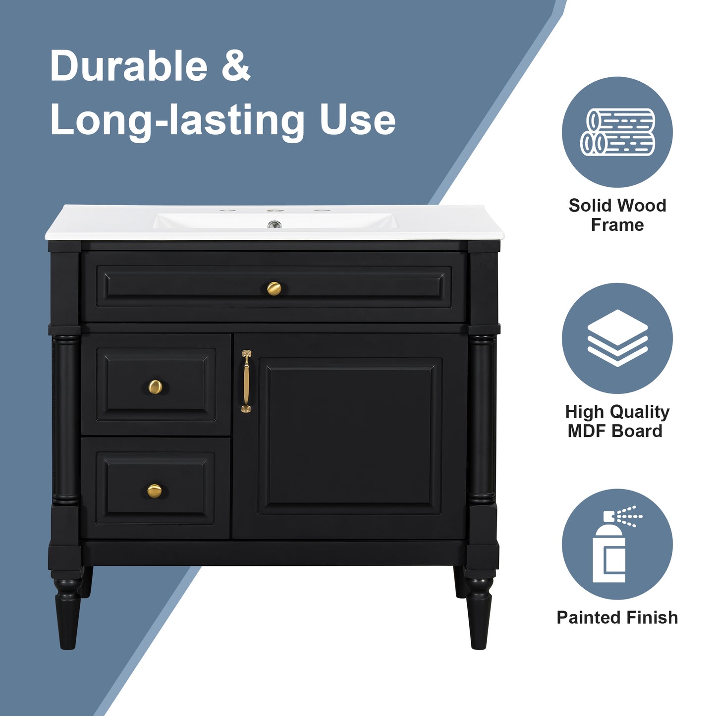 VanityFus 36-in Black Bathroom Vanity Single Sink Combo Ceramic Top 1 door 3 drawers Undermount Adjustable Shelves
