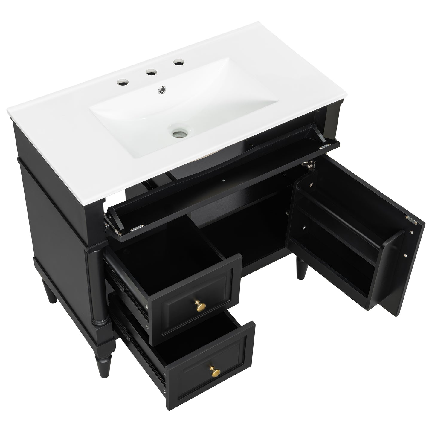 VanityFus 36-in Black Bathroom Vanity Single Sink Combo Ceramic Top 1 door 3 drawers Undermount Adjustable Shelves