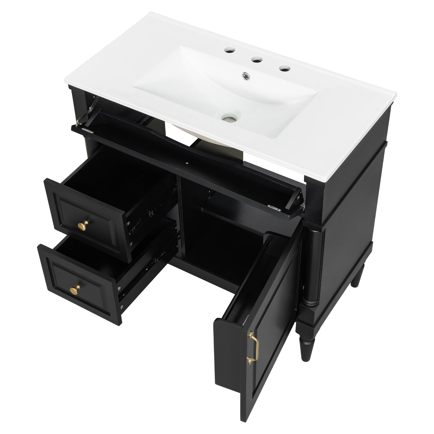 VanityFus 36-in Black Bathroom Vanity Single Sink Combo Ceramic Top 1 door 3 drawers Undermount Adjustable Shelves