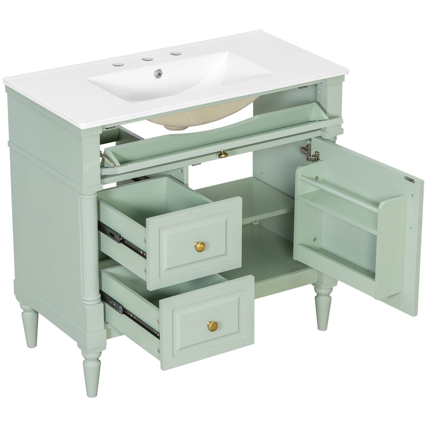 VanityFus 36-in Green Bathroom Vanity Single Sink Combo Ceramic Top 1 door 3 drawers Undermount Adjustable Shelves