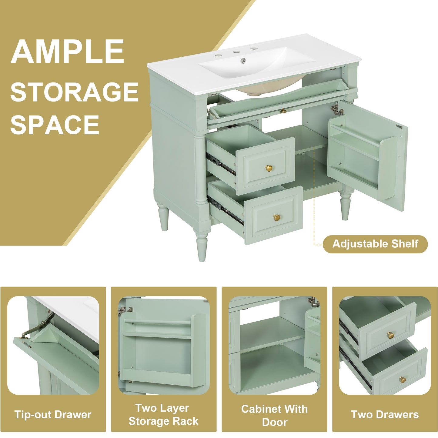 VanityFus 36-in Green Bathroom Vanity Single Sink Combo Ceramic Top 1 door 3 drawers Undermount Adjustable Shelves