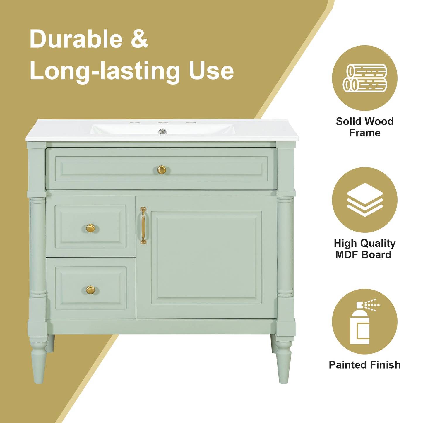 VanityFus 36-in Green Bathroom Vanity Single Sink Combo Ceramic Top 1 door 3 drawers Undermount Adjustable Shelves