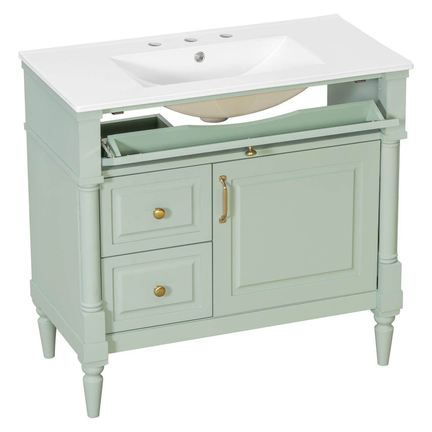 VanityFus 36-in Green Bathroom Vanity Single Sink Combo Ceramic Top 1 door 3 drawers Undermount Adjustable Shelves