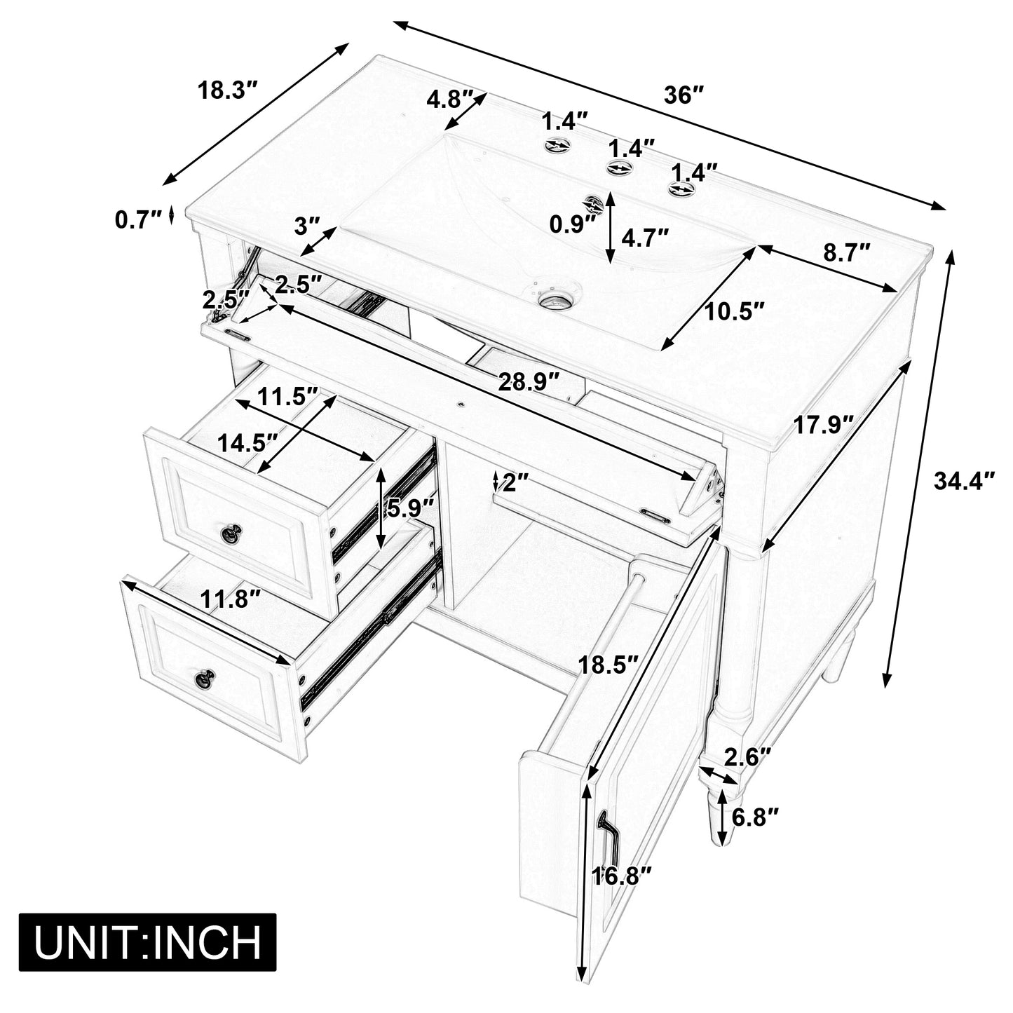 VanityFus 36-in Green Bathroom Vanity Single Sink Combo Ceramic Top 1 door 3 drawers Undermount Adjustable Shelves
