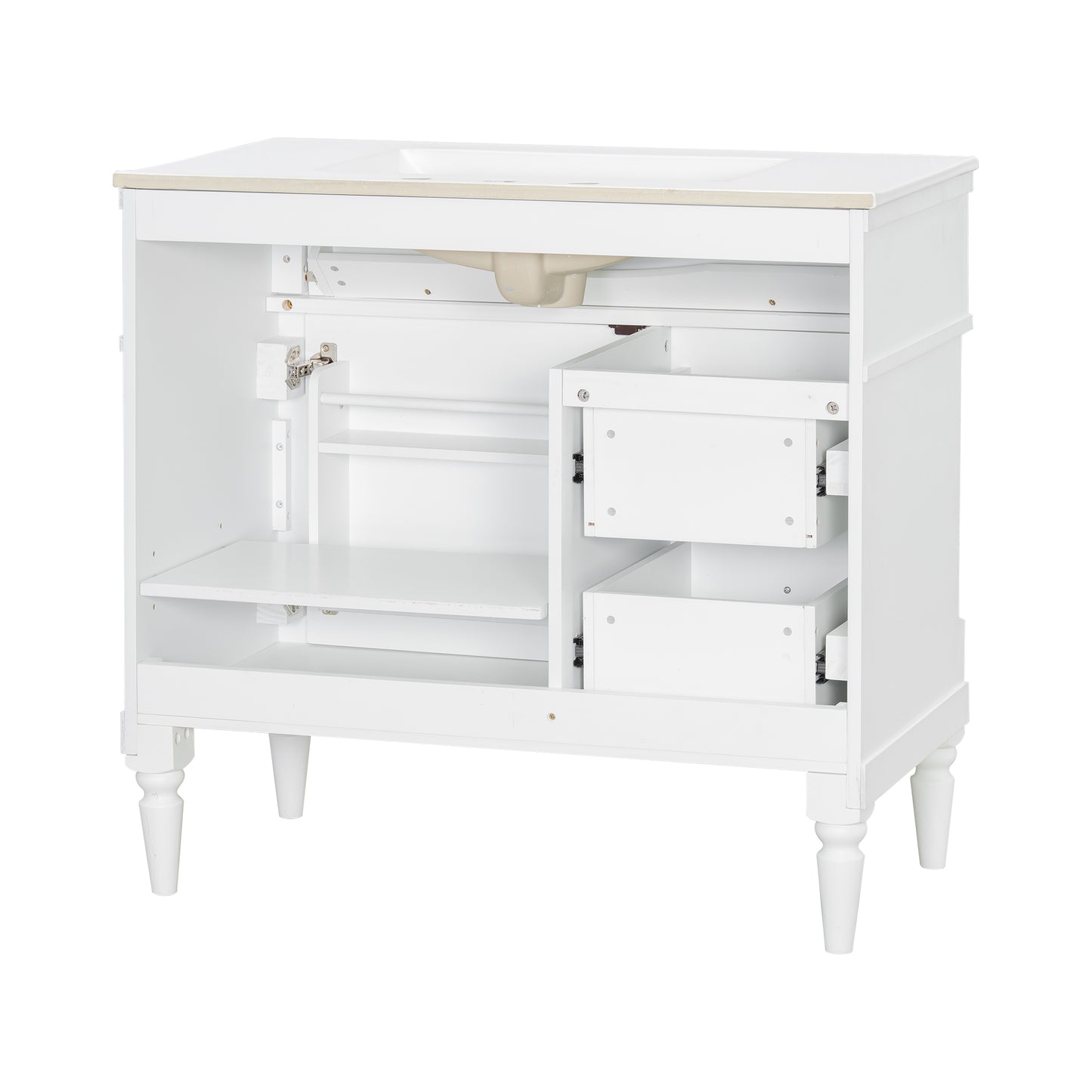 VanityFus 36-in White Bathroom Vanity Single Sink Combo Ceramic Top 1 door 3 drawers Undermount Adjustable Shelves