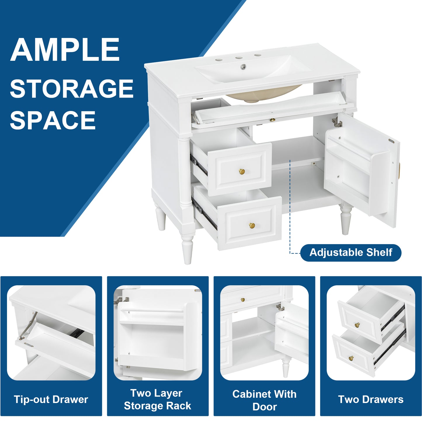VanityFus 36-in White Bathroom Vanity Single Sink Combo Ceramic Top 1 door 3 drawers Undermount Adjustable Shelves