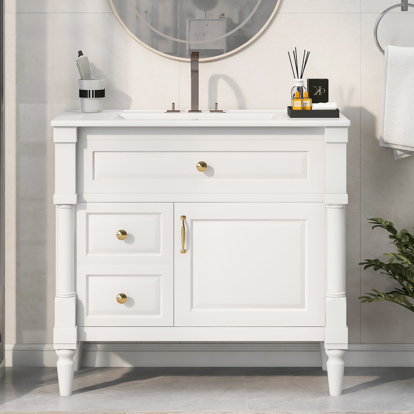 VanityFus 36-in White Bathroom Vanity Single Sink Combo Ceramic Top 1 door 3 drawers Undermount Adjustable Shelves