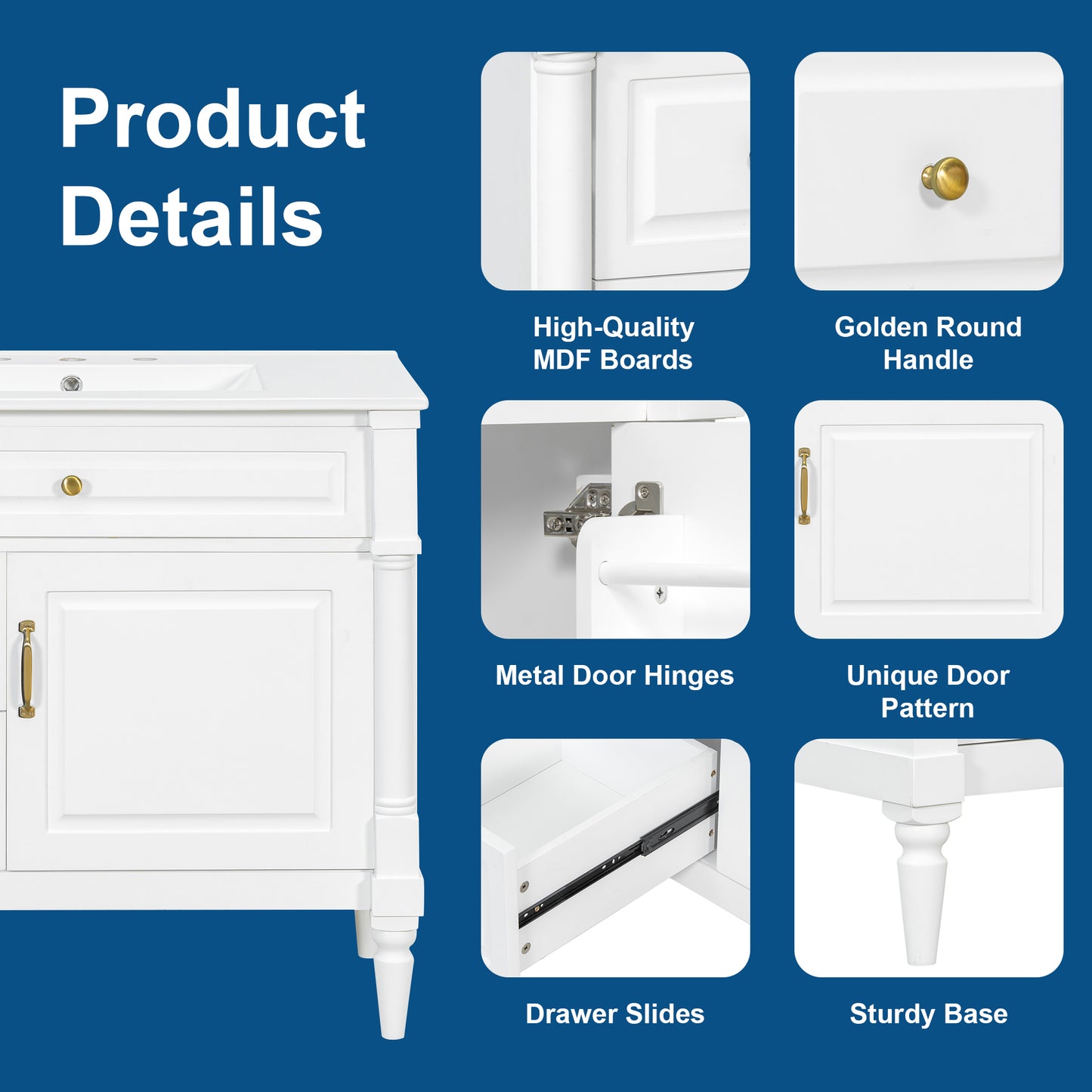 VanityFus 36-in White Bathroom Vanity Single Sink Combo Ceramic Top 1 door 3 drawers Undermount Adjustable Shelves