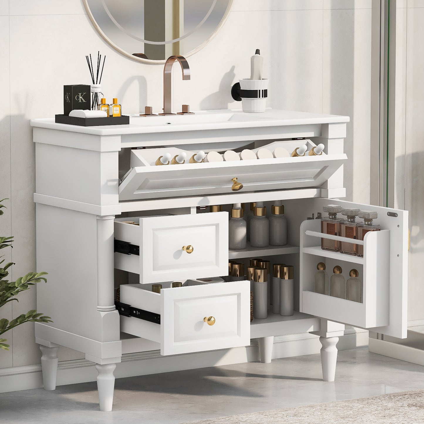 VanityFus 36-in White Bathroom Vanity Single Sink Combo Ceramic Top 1 door 3 drawers Undermount Adjustable Shelves