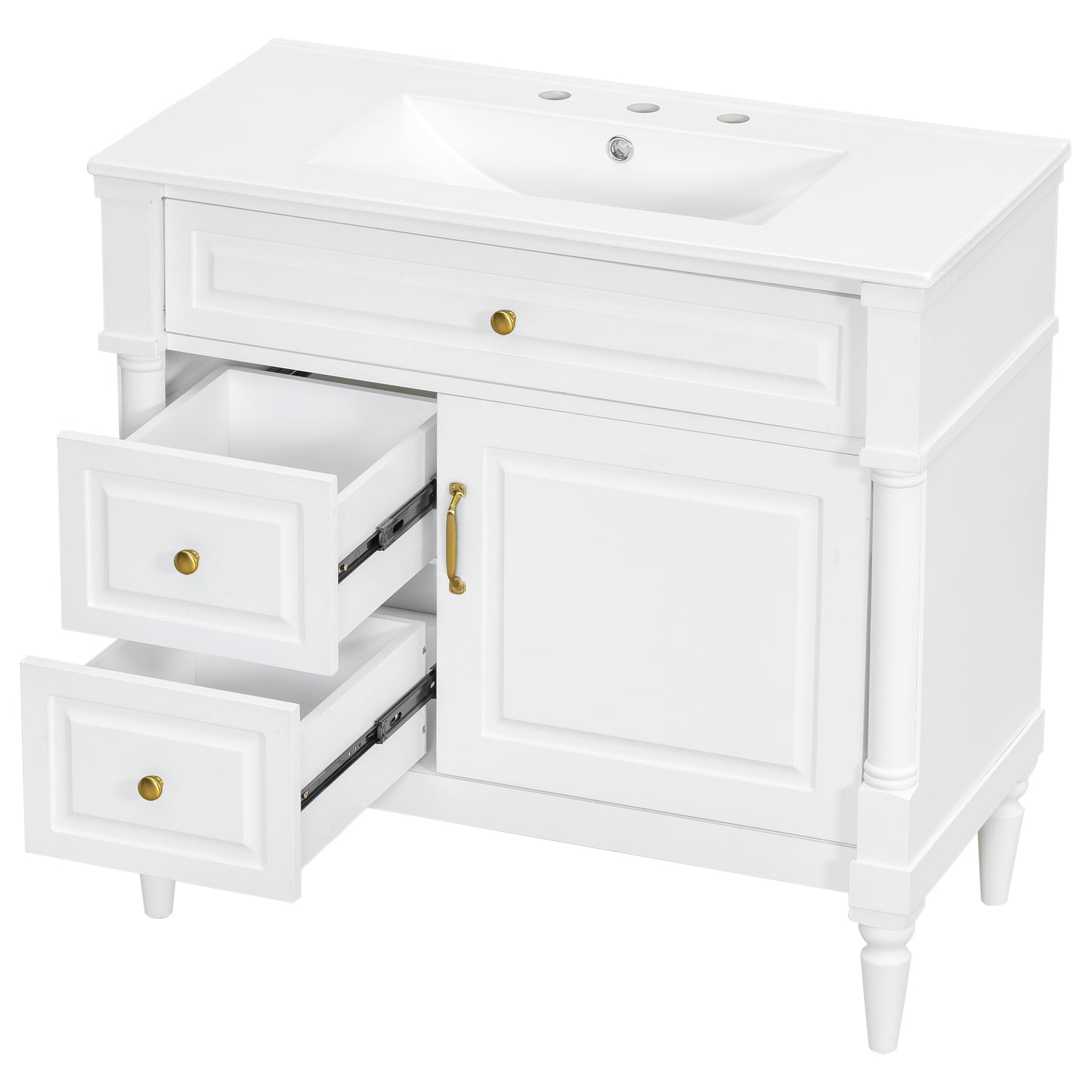 VanityFus 36-in White Bathroom Vanity Single Sink Combo Ceramic Top 1 door 3 drawers Undermount Adjustable Shelves