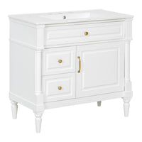 VanityFus 36-in White Bathroom Vanity Single Sink Combo Ceramic Top 1 door 3 drawers Undermount Adjustable Shelves