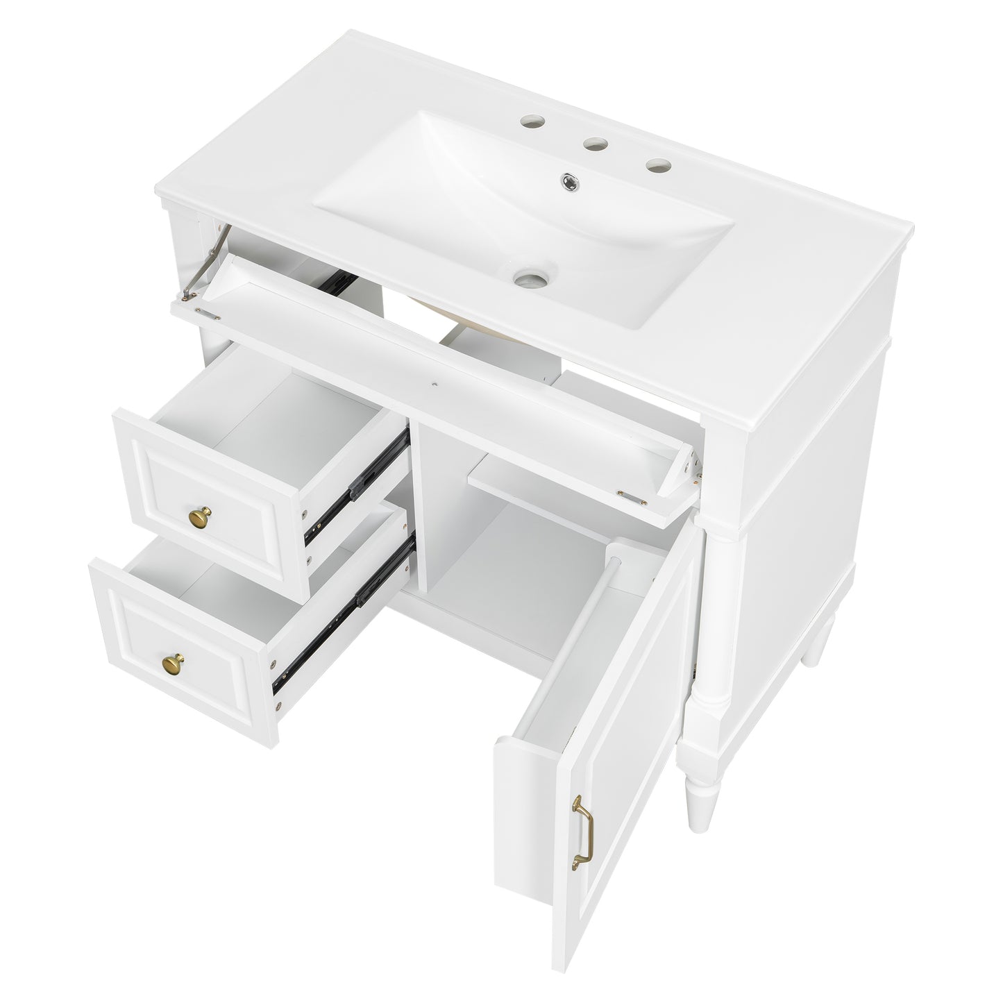 VanityFus 36-in White Bathroom Vanity Single Sink Combo Ceramic Top 1 door 3 drawers Undermount Adjustable Shelves