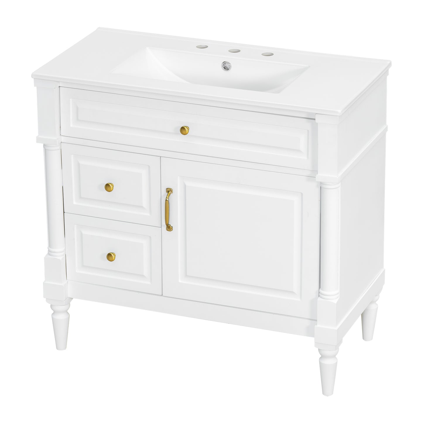 VanityFus 36-in White Bathroom Vanity Single Sink Combo Ceramic Top 1 door 3 drawers Undermount Adjustable Shelves