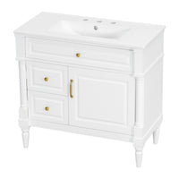VanityFus 36-in White Bathroom Vanity Single Sink Combo Ceramic Top 1 door 3 drawers Undermount Adjustable Shelves