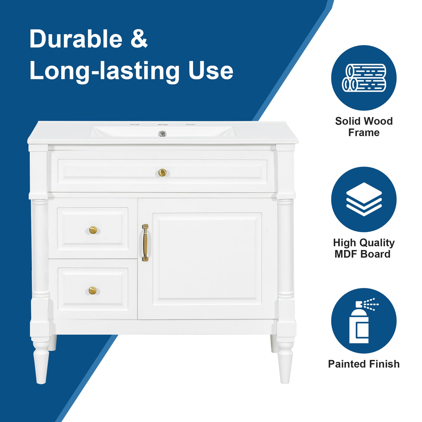 VanityFus 36-in White Bathroom Vanity Single Sink Combo Ceramic Top 1 door 3 drawers Undermount Adjustable Shelves
