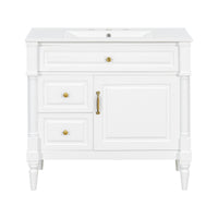 VanityFus 36-in White Bathroom Vanity Single Sink Combo Ceramic Top 1 door 3 drawers Undermount Adjustable Shelves