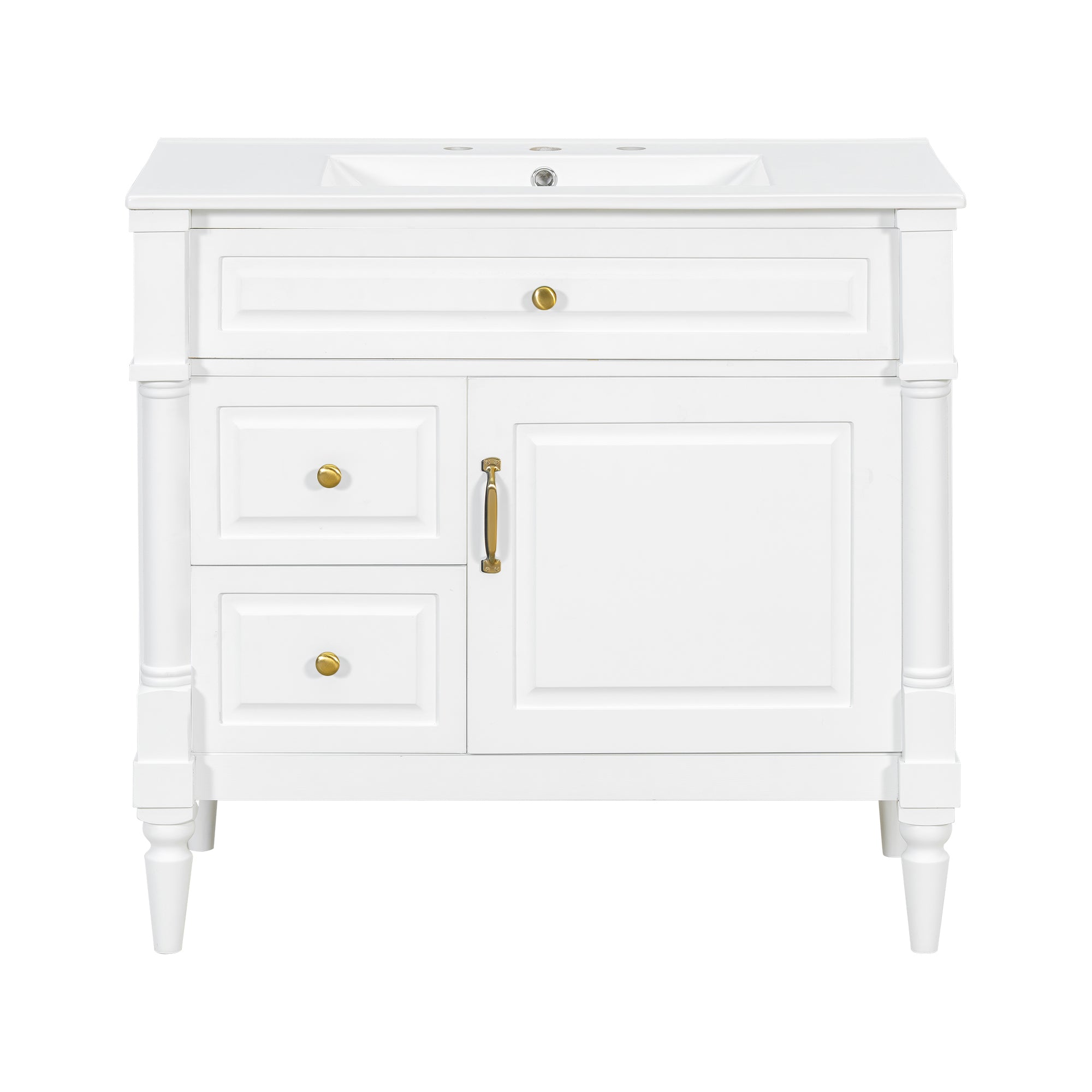 VanityFus 36-in White Bathroom Vanity Single Sink Combo Ceramic Top 1 door 3 drawers Undermount Adjustable Shelves