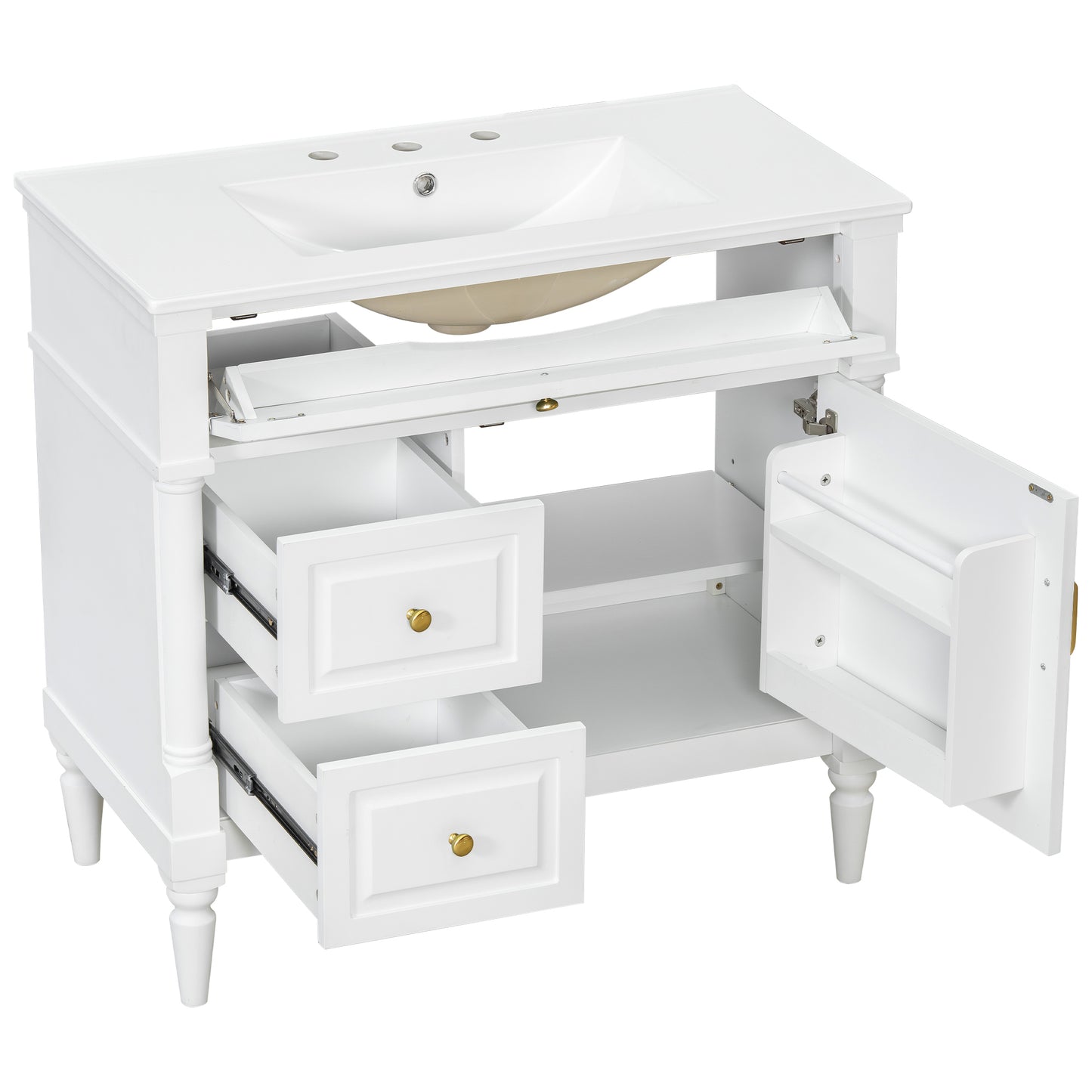 VanityFus 36-in White Bathroom Vanity Single Sink Combo Ceramic Top 1 door 3 drawers Undermount Adjustable Shelves