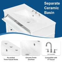 VanityFus 36-in White Bathroom Vanity Single Sink Combo Ceramic Top 1 door 3 drawers Undermount Adjustable Shelves