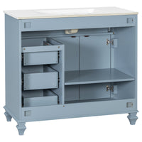 VanityFus 36-in Grey Blue Bathroom Vanity Single Sink Combo Ceramic Top 2 doors 3 drawers Undermount