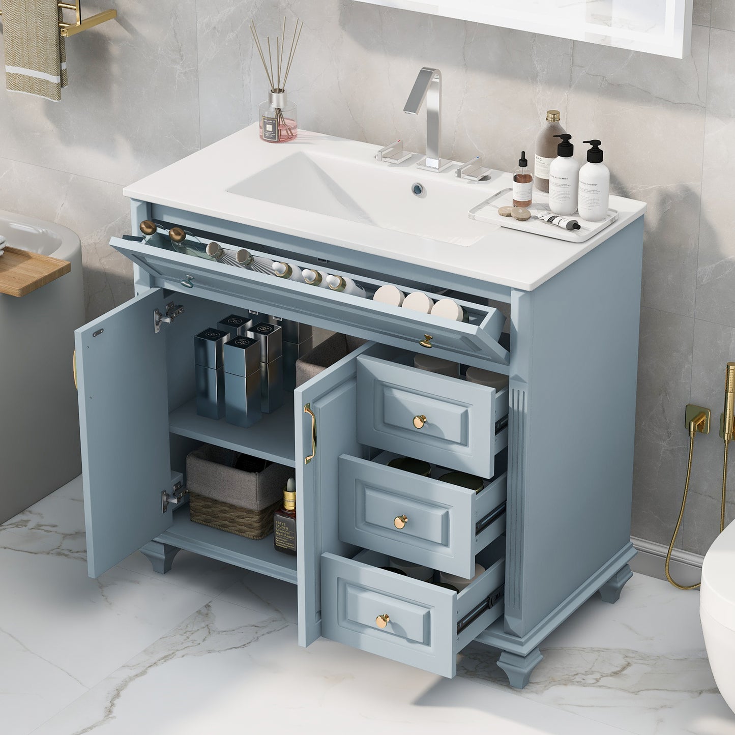 VanityFus 36-in Grey Blue Bathroom Vanity Single Sink Combo Ceramic Top 2 doors 3 drawers Undermount