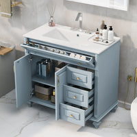 VanityFus 36-in Grey Blue Bathroom Vanity Single Sink Combo Ceramic Top 2 doors 3 drawers Undermount