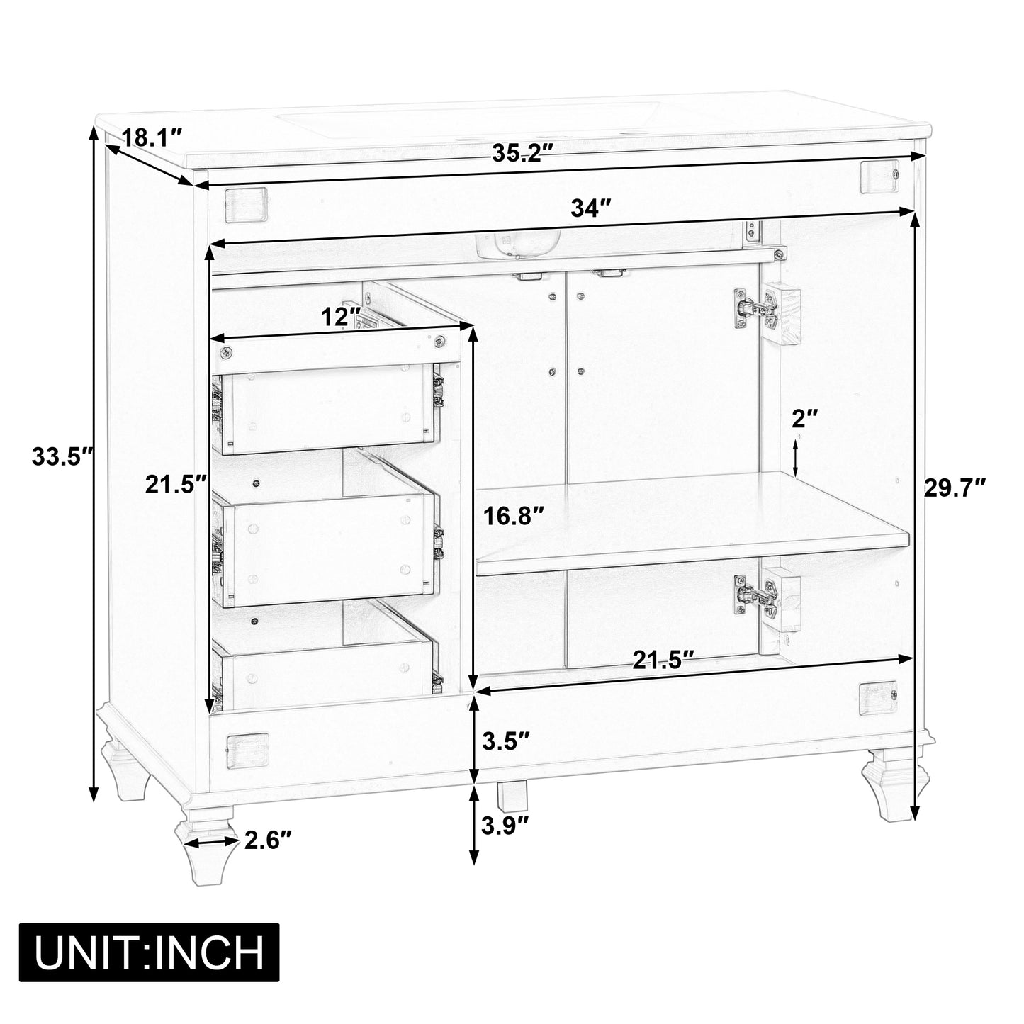 VanityFus 36-in Grey Blue Bathroom Vanity Single Sink Combo Ceramic Top 2 doors 3 drawers Undermount