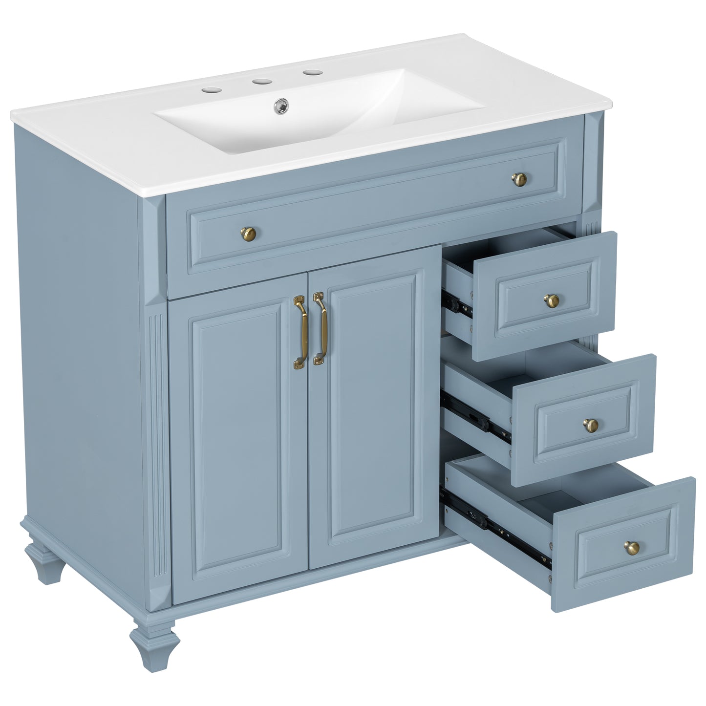VanityFus 36-in Grey Blue Bathroom Vanity Single Sink Combo Ceramic Top 2 doors 3 drawers Undermount