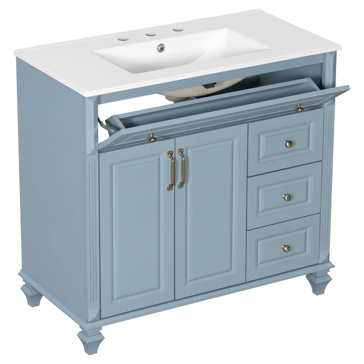 VanityFus 36-in Grey Blue Bathroom Vanity Single Sink Combo Ceramic Top 2 doors 3 drawers Undermount