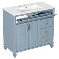 VanityFus 36-in Grey Blue Bathroom Vanity Single Sink Combo Ceramic Top 2 doors 3 drawers Undermount