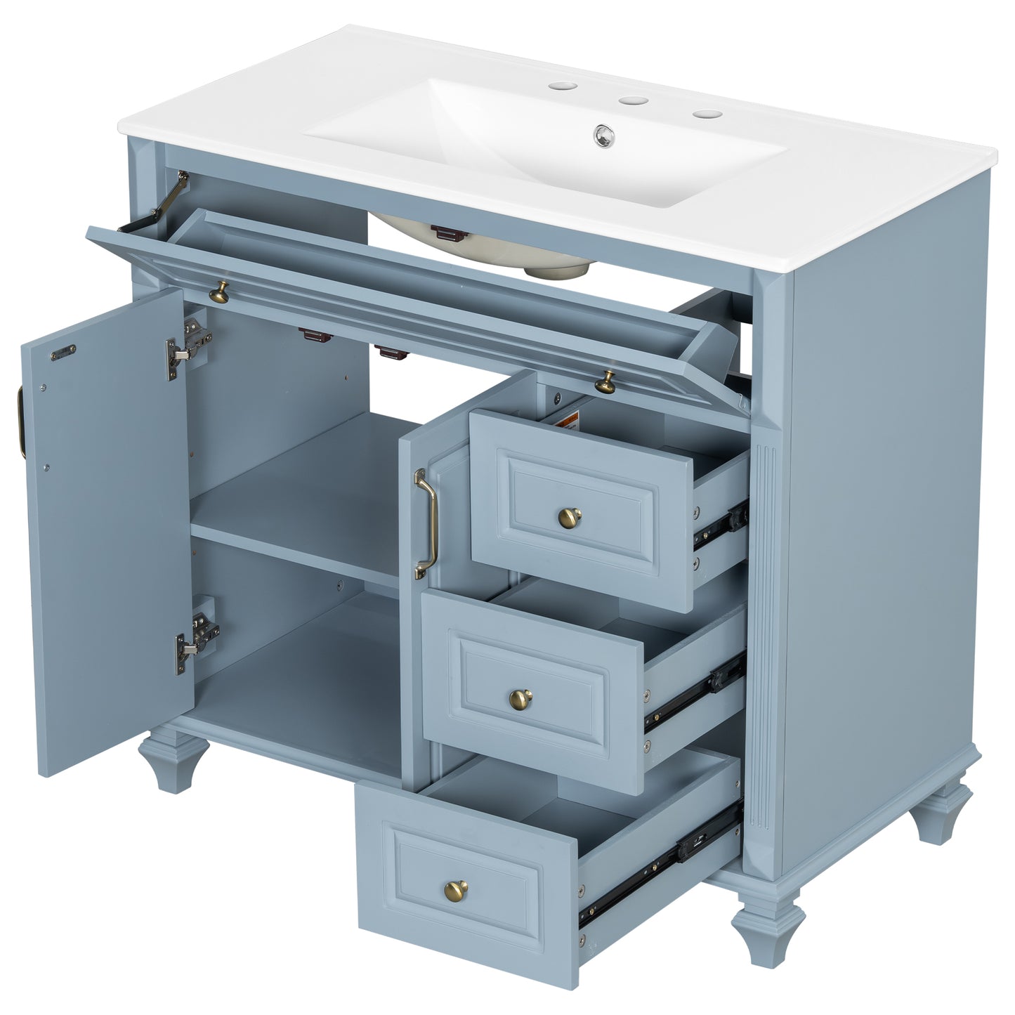 VanityFus 36-in Grey Blue Bathroom Vanity Single Sink Combo Ceramic Top 2 doors 3 drawers Undermount