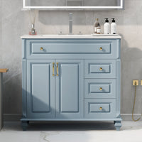 VanityFus 36-in Grey Blue Bathroom Vanity Single Sink Combo Ceramic Top 2 doors 3 drawers Undermount