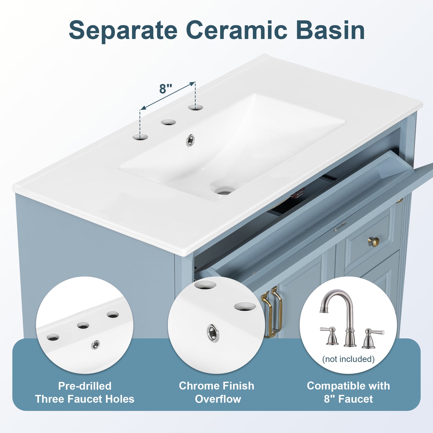 VanityFus 36-in Grey Blue Bathroom Vanity Single Sink Combo Ceramic Top 2 doors 3 drawers Undermount