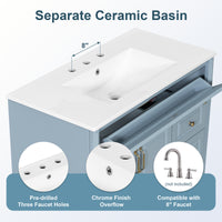 VanityFus 36-in Grey Blue Bathroom Vanity Single Sink Combo Ceramic Top 2 doors 3 drawers Undermount