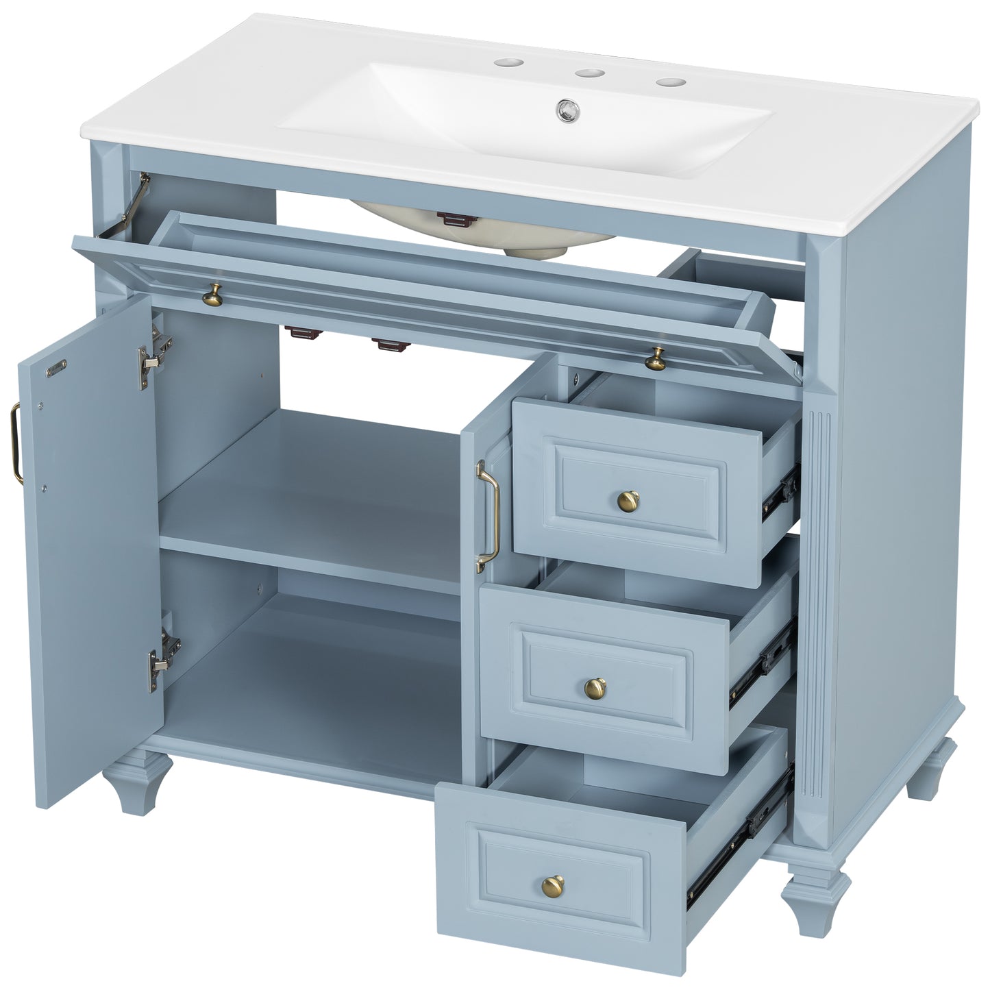 VanityFus 36-in Grey Blue Bathroom Vanity Single Sink Combo Ceramic Top 2 doors 3 drawers Undermount