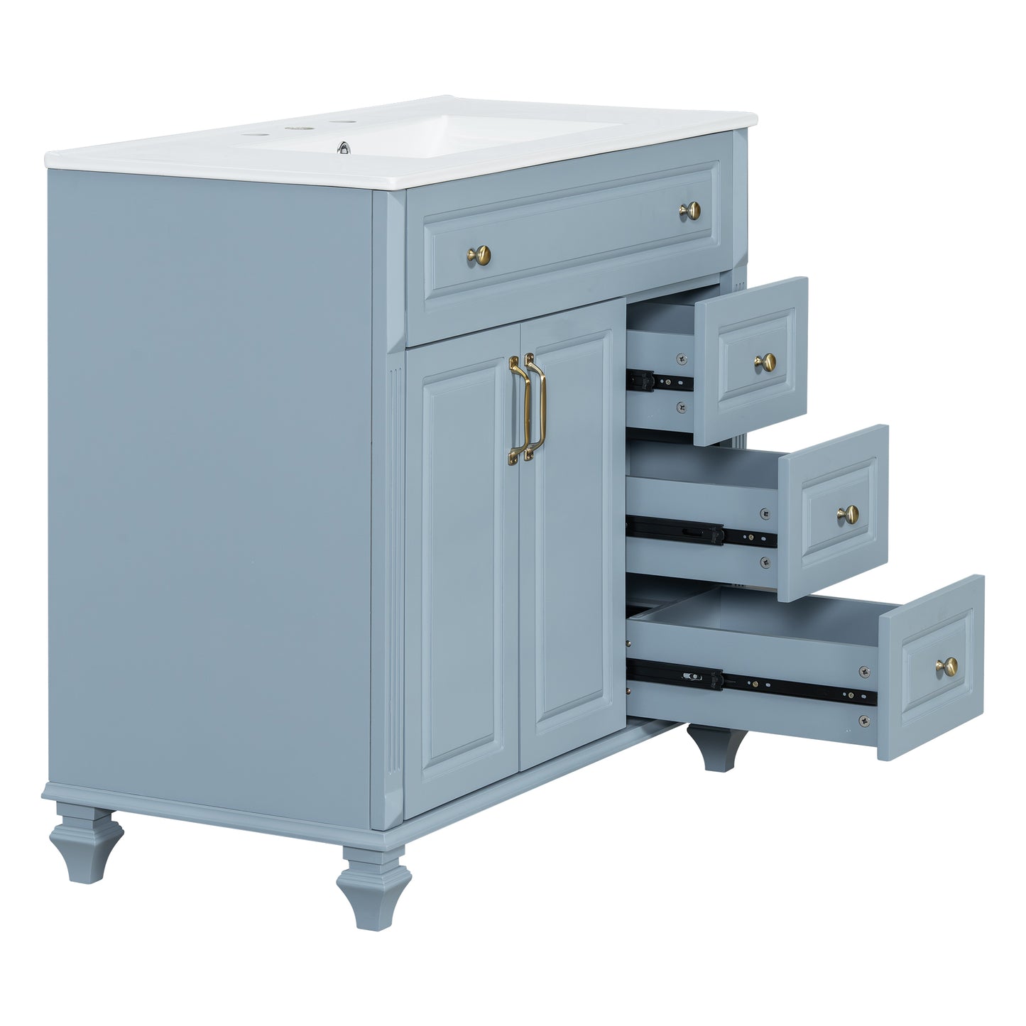 VanityFus 36-in Grey Blue Bathroom Vanity Single Sink Combo Ceramic Top 2 doors 3 drawers Undermount