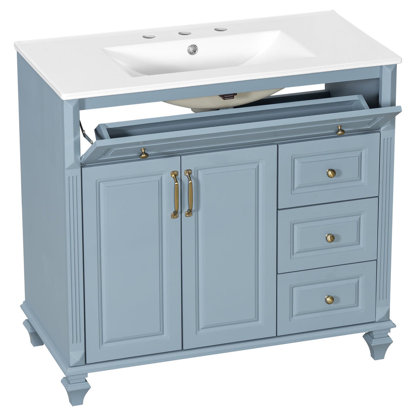 VanityFus 36-in Grey Blue Bathroom Vanity Single Sink Combo Ceramic Top 2 doors 3 drawers Undermount