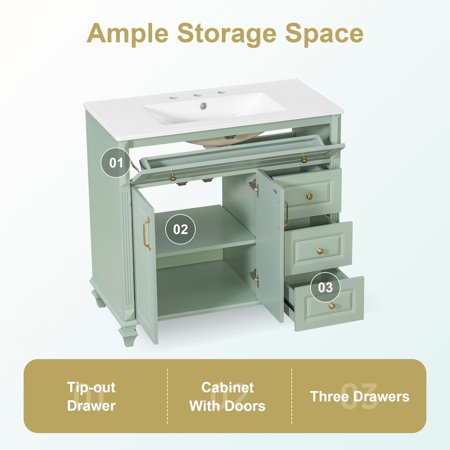 VanityFus 36-in Bathroom Vanity Green Single Sink Combo with Ceramic Top 2 Doors 4 Drawers