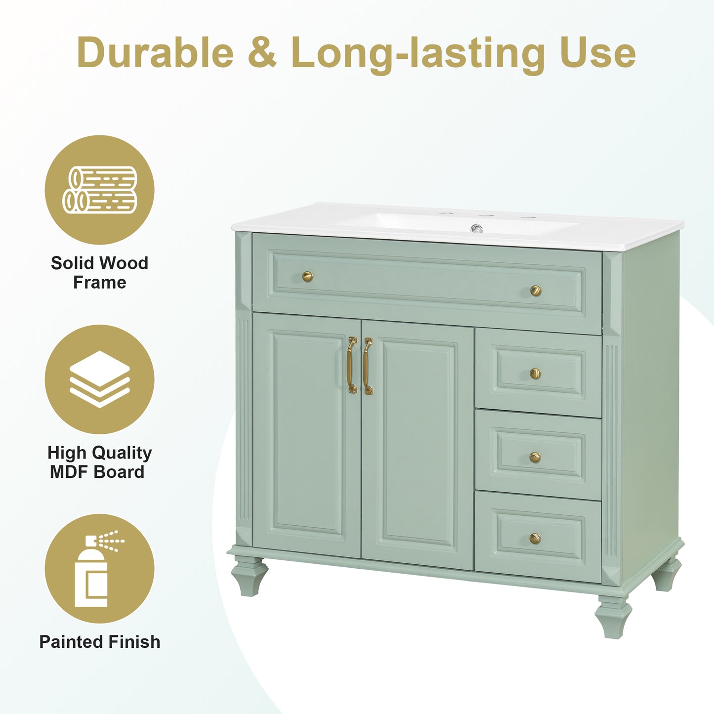 VanityFus 36-in Bathroom Vanity Green Single Sink Combo with Ceramic Top 2 Doors 4 Drawers