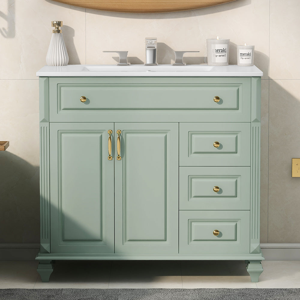 VanityFus 36-in Bathroom Vanity Green Single Sink Combo with Ceramic Top 2 Doors 4 Drawers