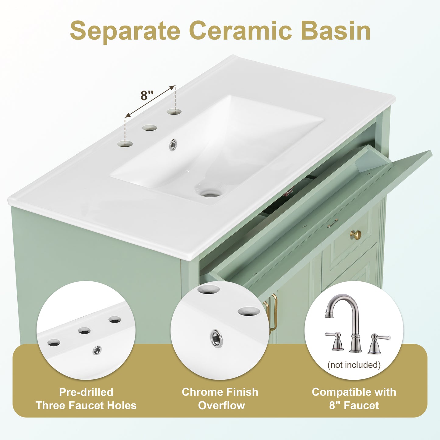 VanityFus 36-in Bathroom Vanity Green Single Sink Combo with Ceramic Top 2 Doors 4 Drawers