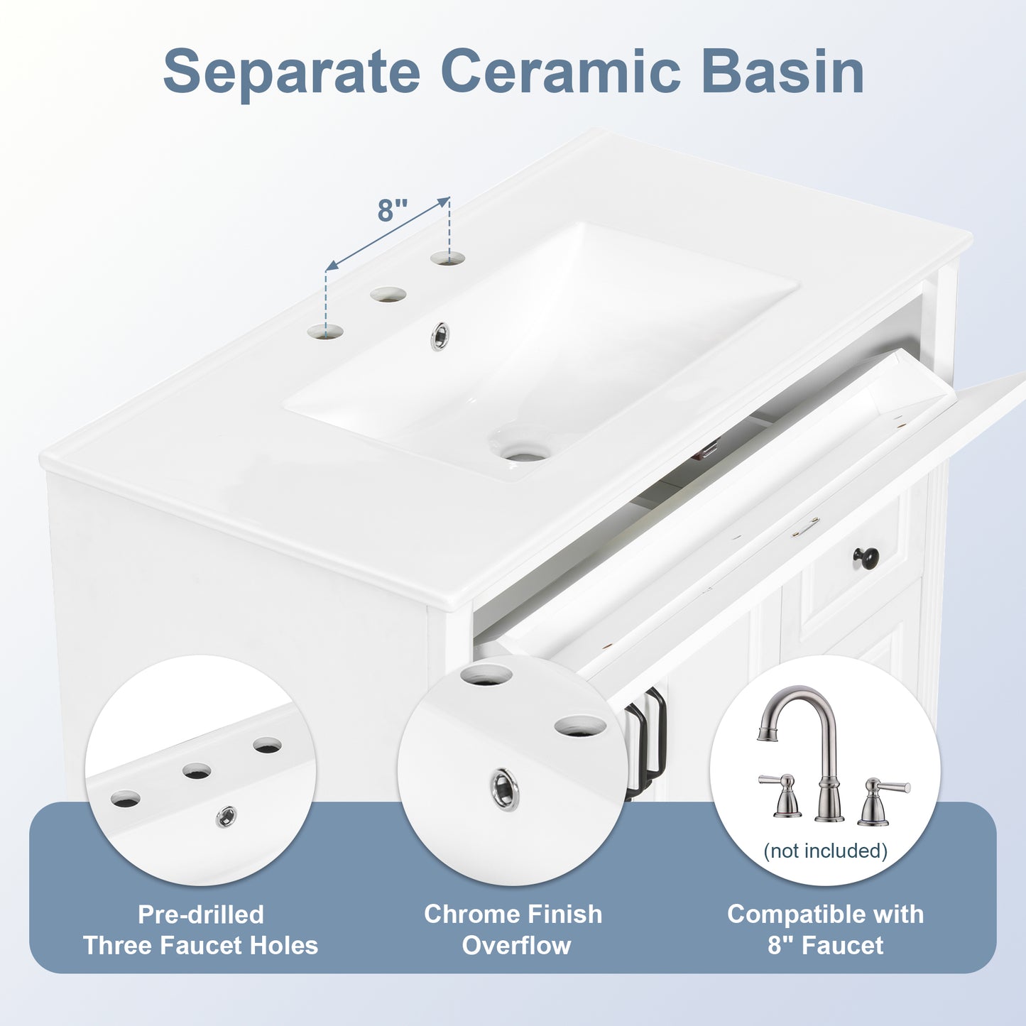 VanityFus 36-in White Bathroom Vanity Single Sink Combo Ceramic Top 2 doors 3 drawers Undermount
