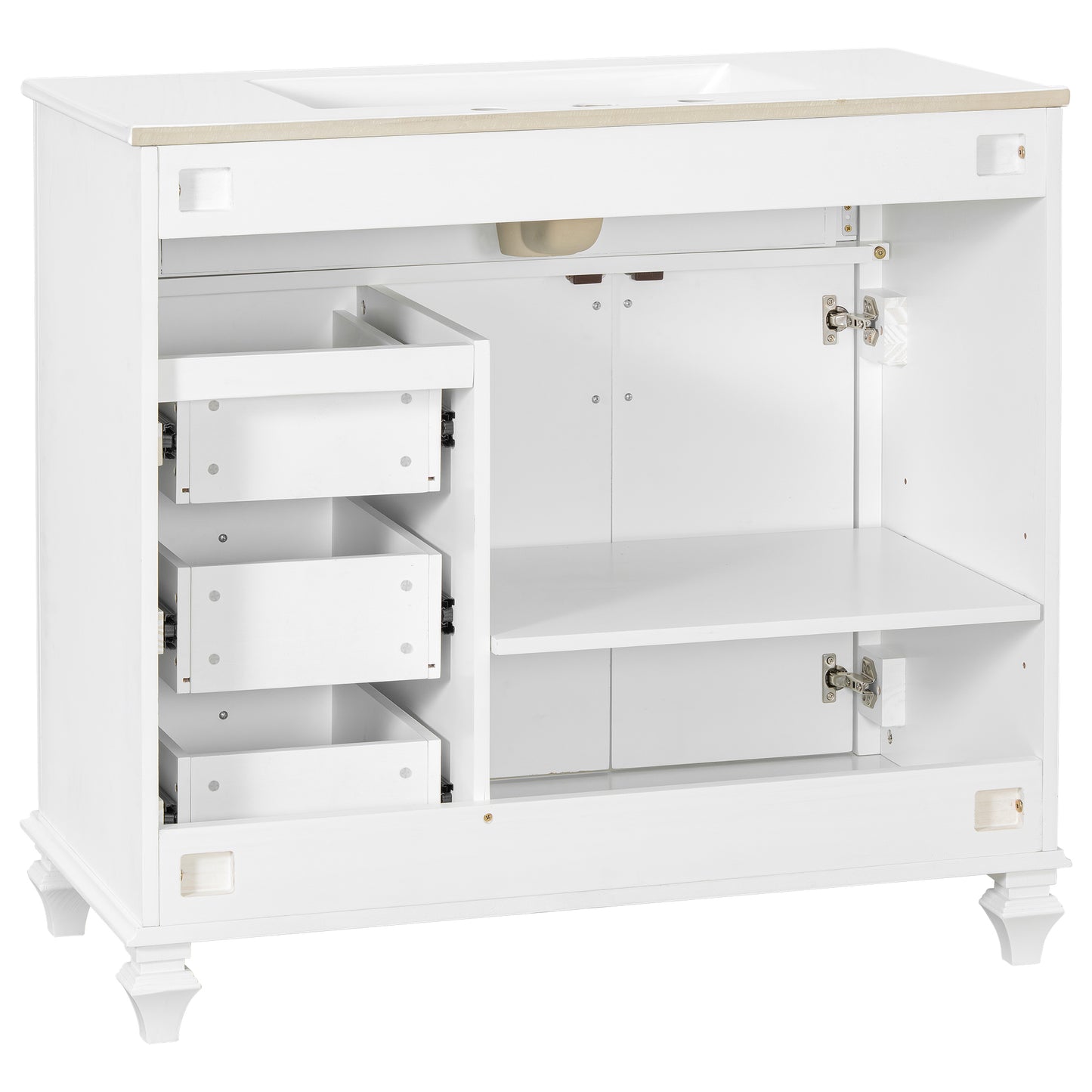 VanityFus 36-in White Bathroom Vanity Single Sink Combo Ceramic Top 2 doors 3 drawers Undermount