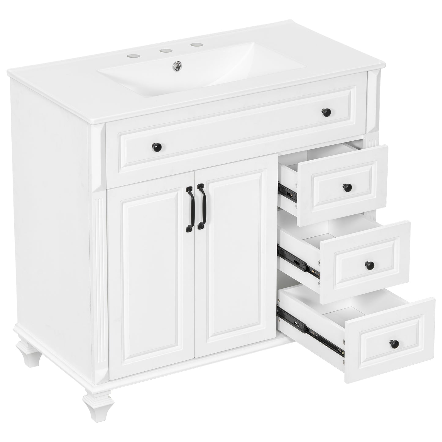 VanityFus 36-in White Bathroom Vanity Single Sink Combo Ceramic Top 2 doors 3 drawers Undermount