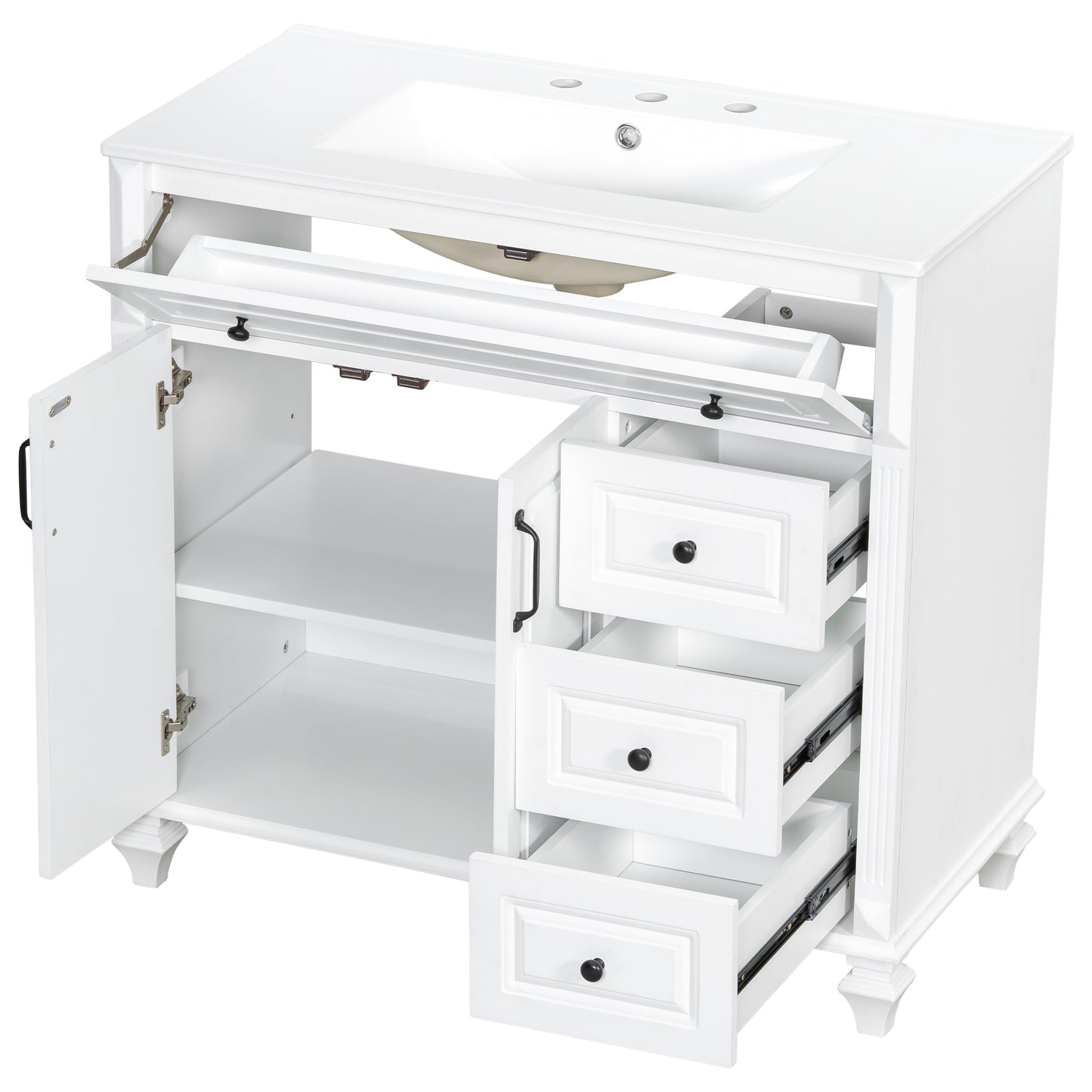 VanityFus 36-in White Bathroom Vanity Single Sink Combo Ceramic Top 2 doors 3 drawers Undermount