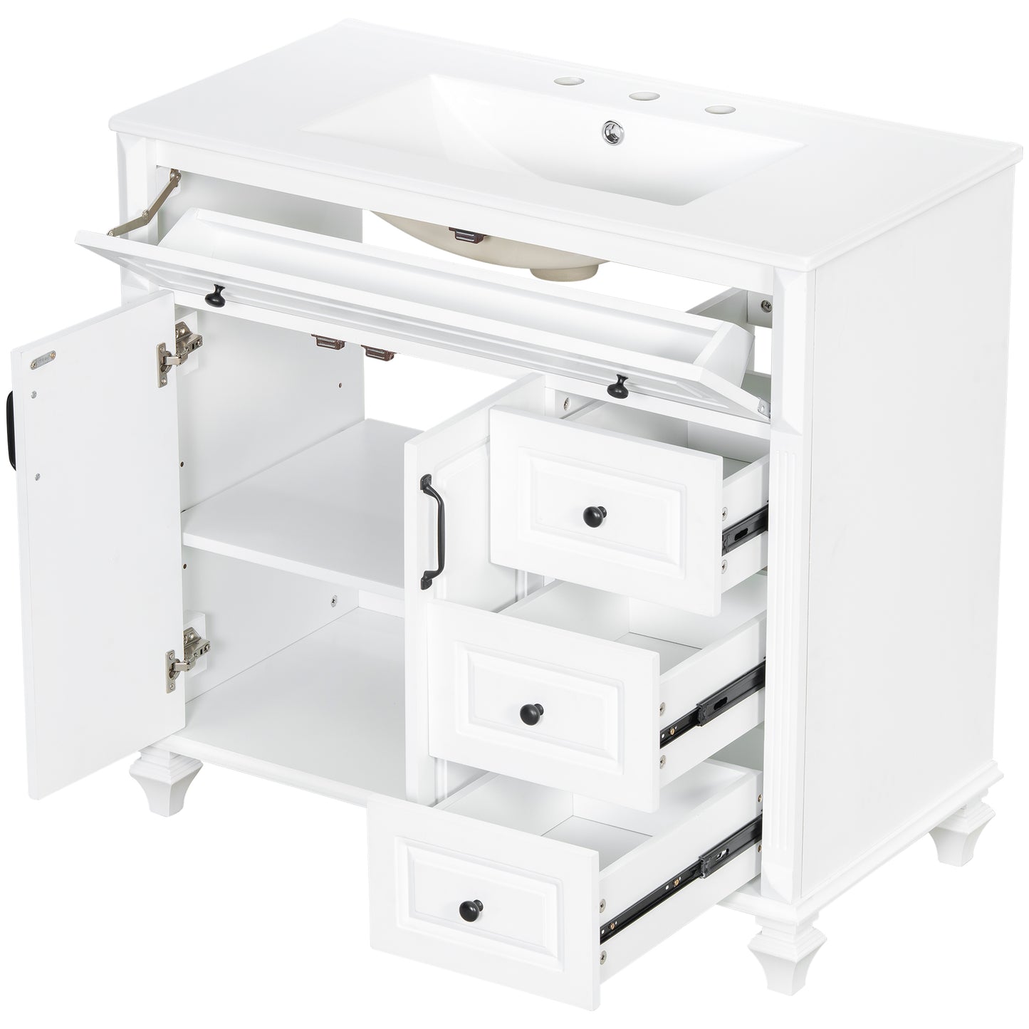 VanityFus 36-in White Bathroom Vanity Single Sink Combo Ceramic Top 2 doors 3 drawers Undermount